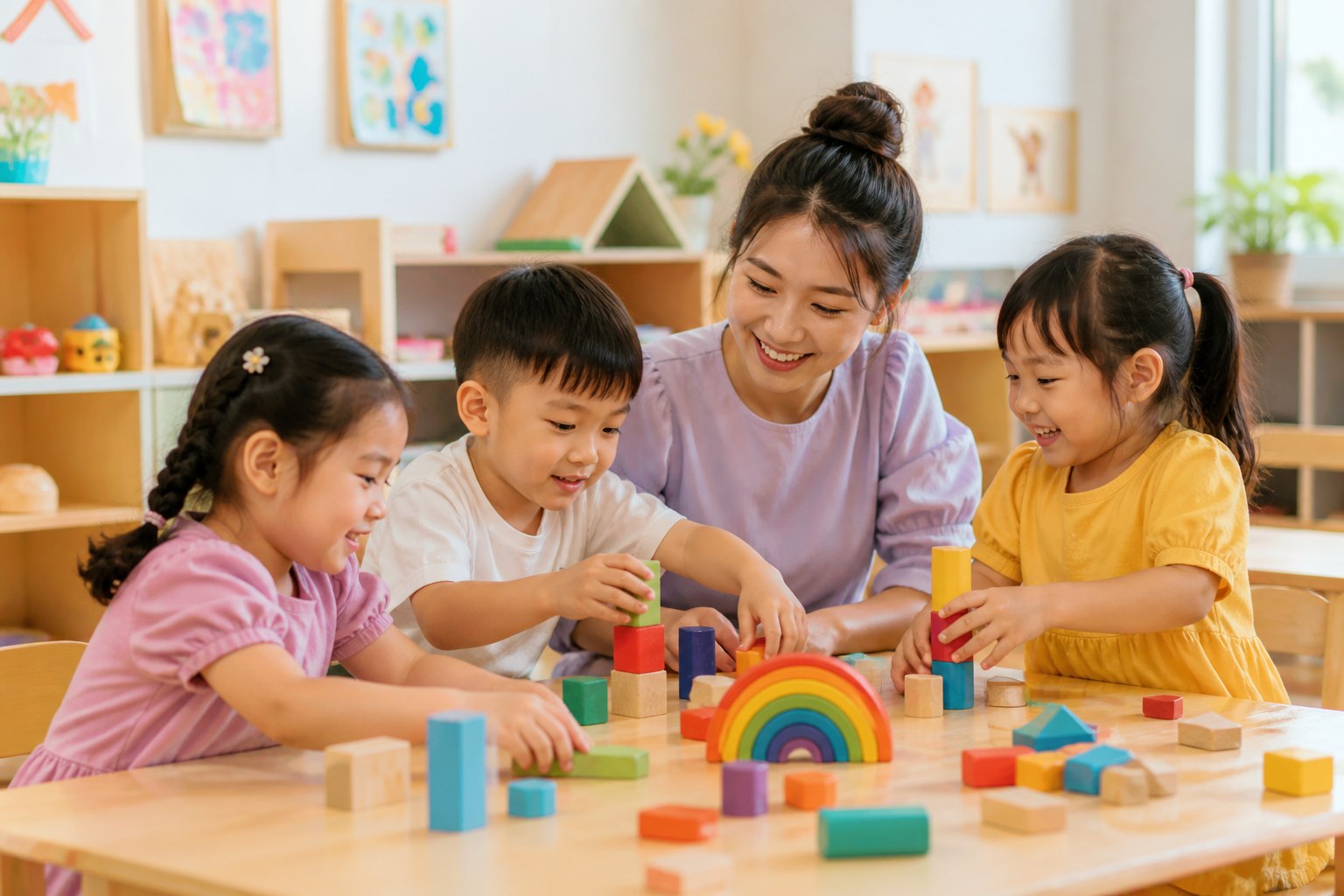 Cô giáo cùng các bé vui chơi với khối gỗ nhiều màu tại BlueBee