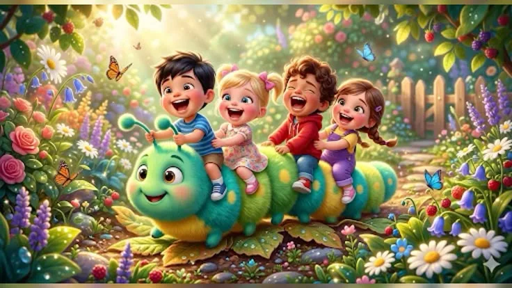 Các em nhỏ vui đùa trên chú sâu nhiều màu