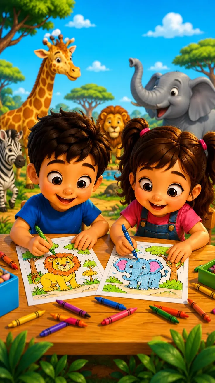 Hai bạn nhỏ tô màu các con vật
