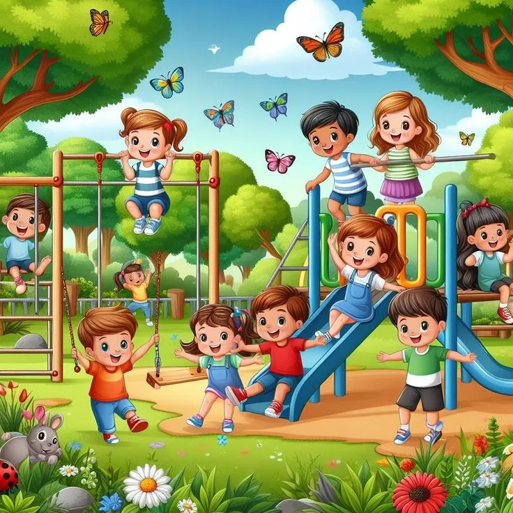 Các bạn nhỏ vui chơi giữa khu vườn nhiều cây xanh