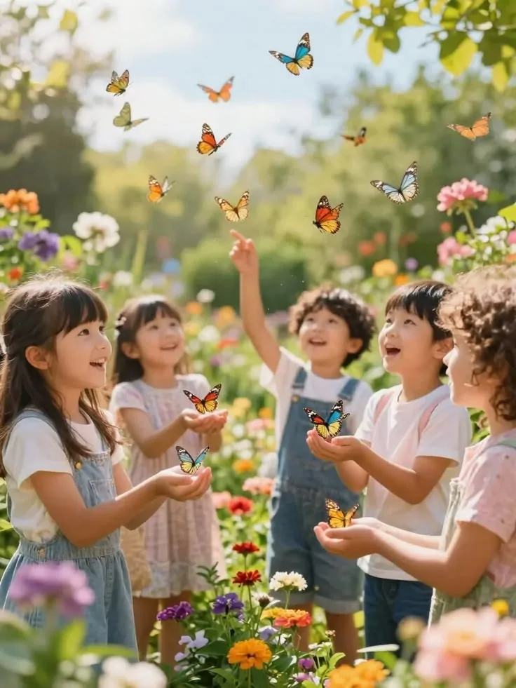 Nhóm trẻ quan sát bươm bướm trong vườn hoa