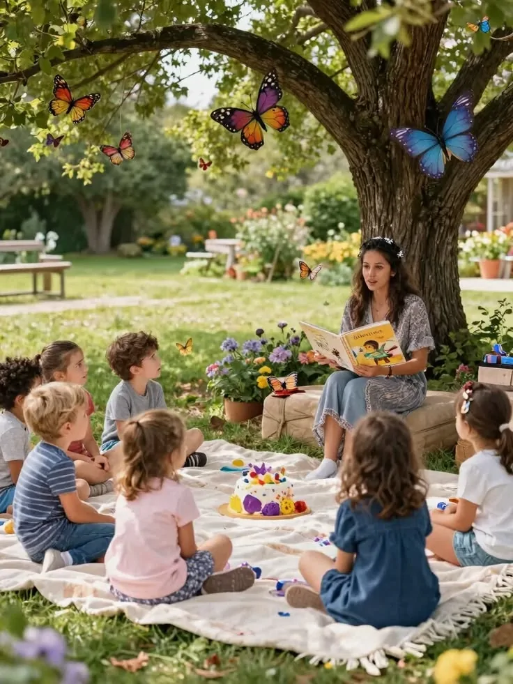 Cô giáo đọc sách cùng các em nhỏ dưới tán cây