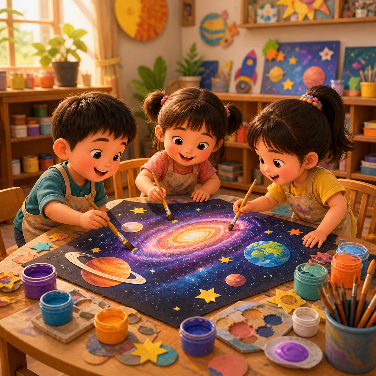 Trẻ cùng nhau hoàn thiện một bức tranh về các hành tinh