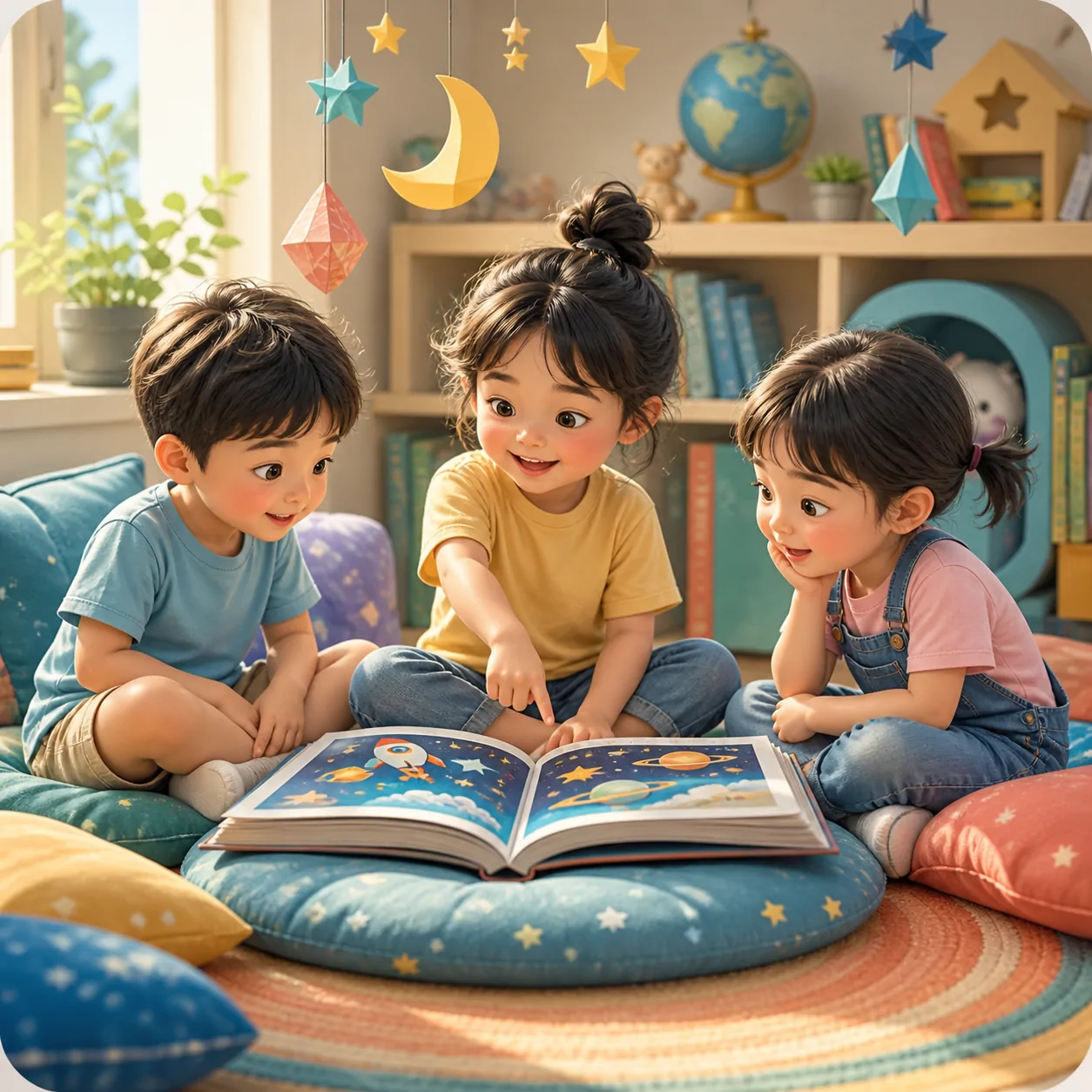 Các bạn nhỏ cùng chia sẻ một cuốn sách tranh