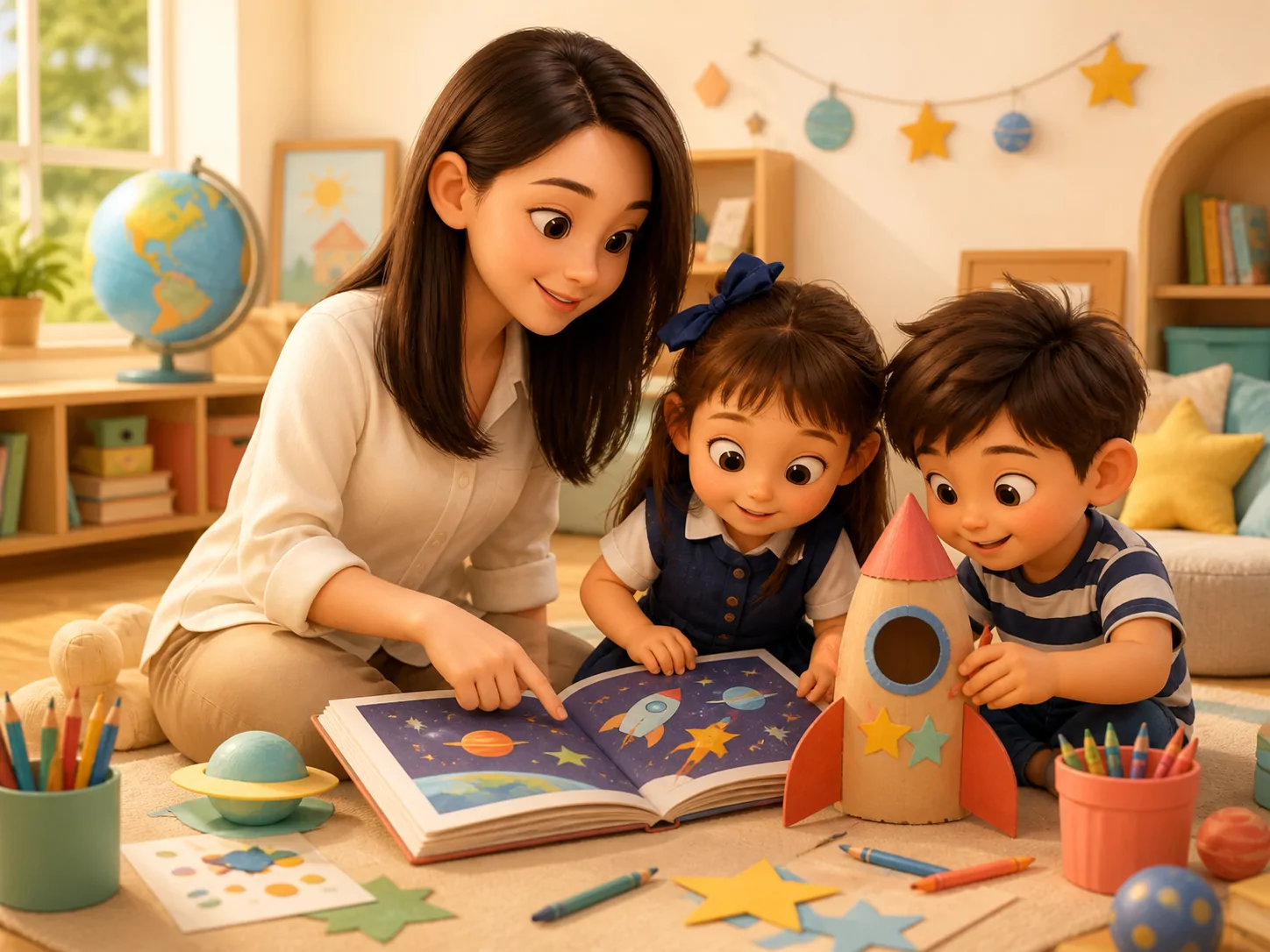 Cô giáo cùng trẻ đọc sách và làm mô hình tên lửa