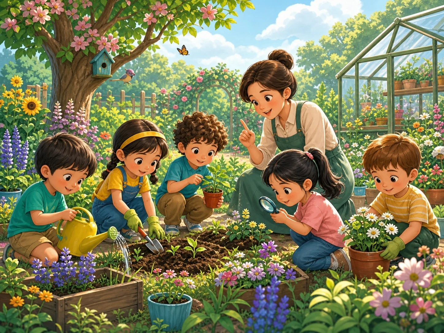 Cô và trẻ cùng trồng cây, quan sát khu vườn