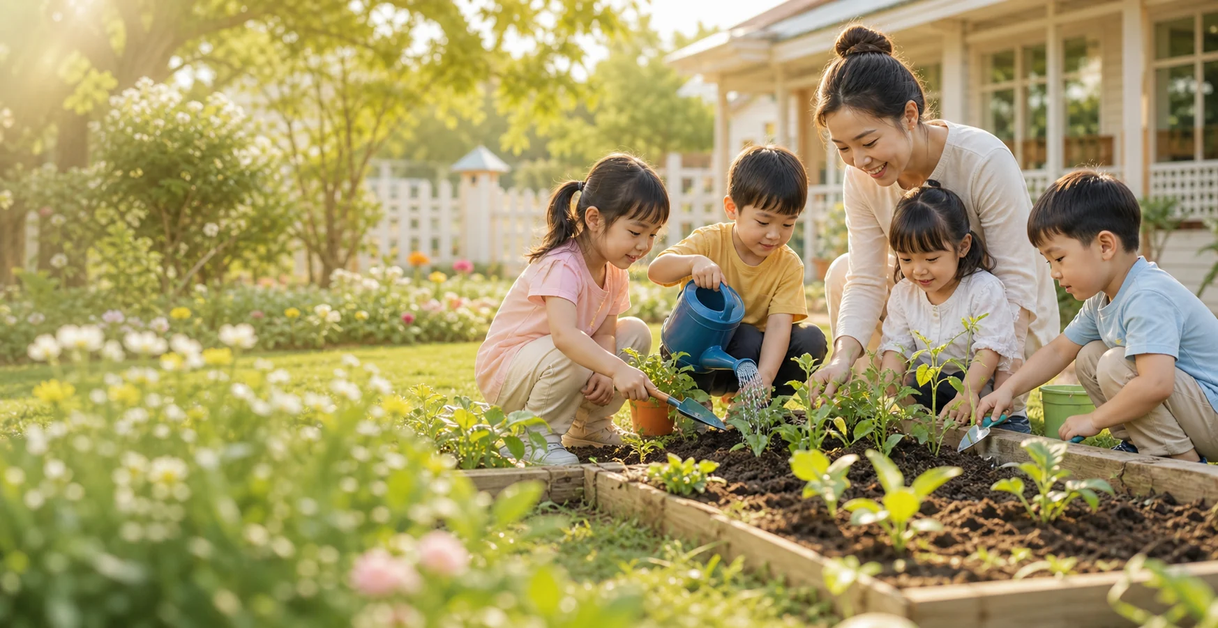 Cô giáo cùng các em nhỏ chăm sóc cây trong khu vườn của Hải Âu