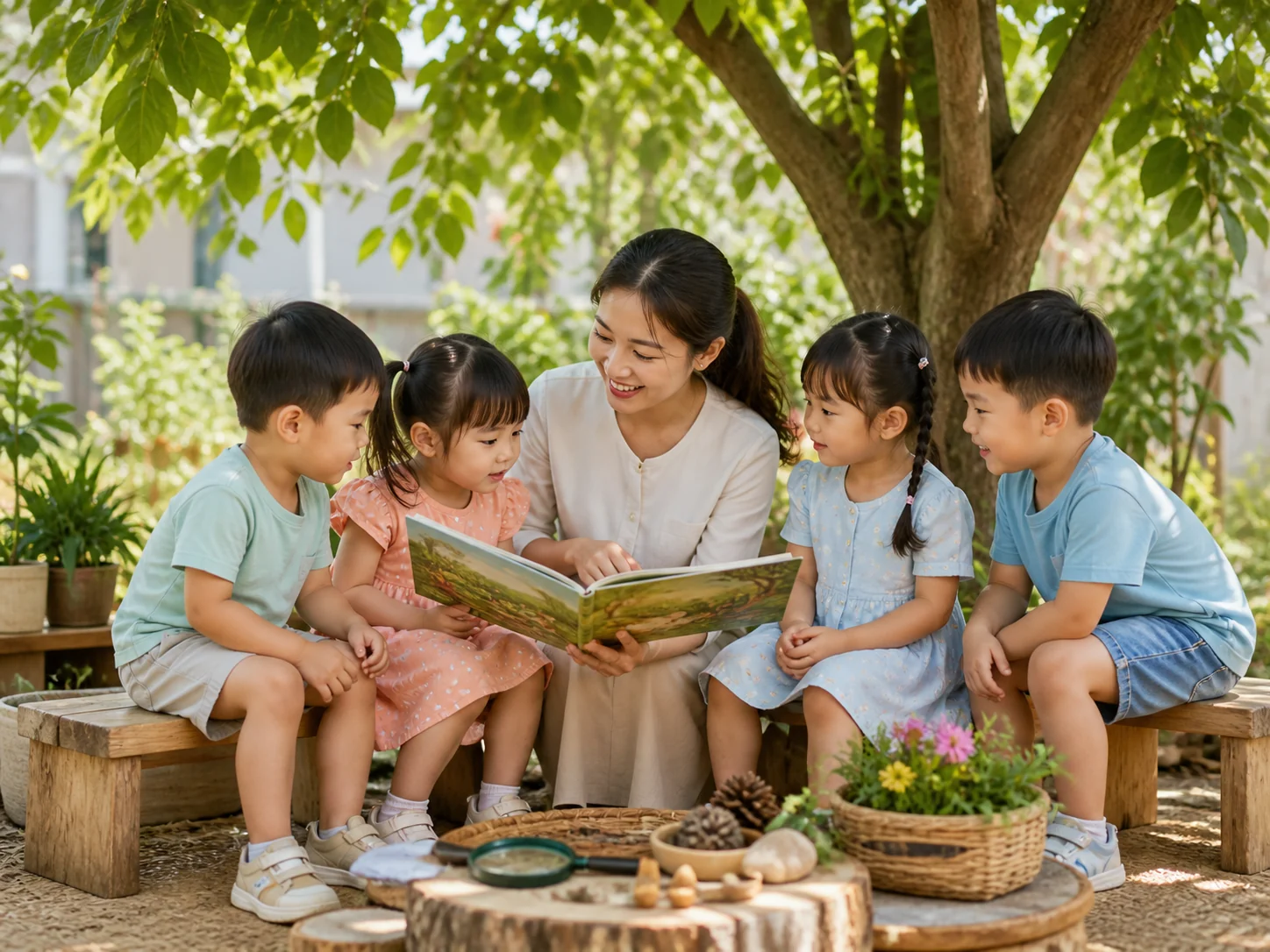 Cô giáo đọc sách cùng các em nhỏ dưới tán cây
