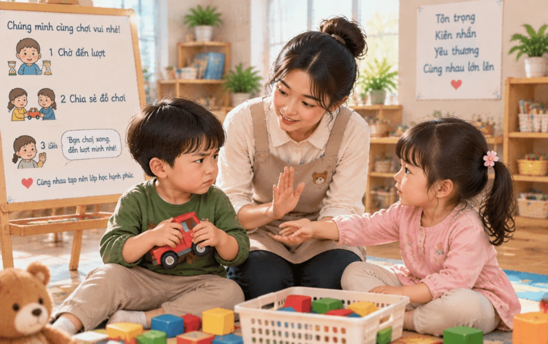 Người lớn hướng dẫn hai trẻ chờ lượt khi chơi đồ chơi.