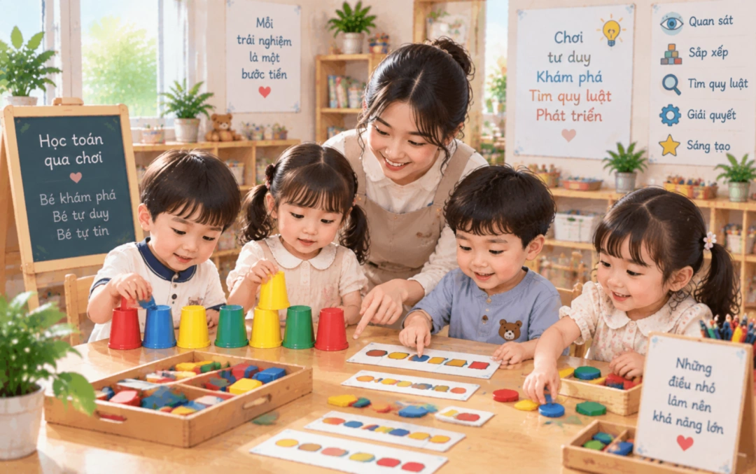Trẻ sắp xếp đồ vật và tìm quy luật trong trò chơi toán.