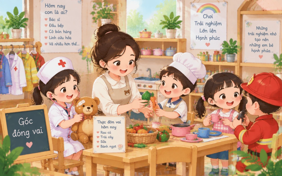 Cô giáo cùng trẻ tham gia góc chơi đóng vai trong lớp.