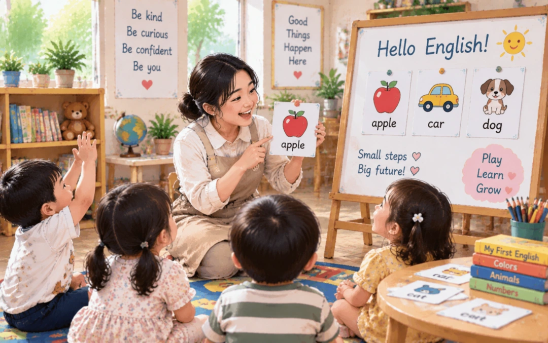 Cô giáo hướng dẫn trò chơi làm quen tiếng Anh cho trẻ.