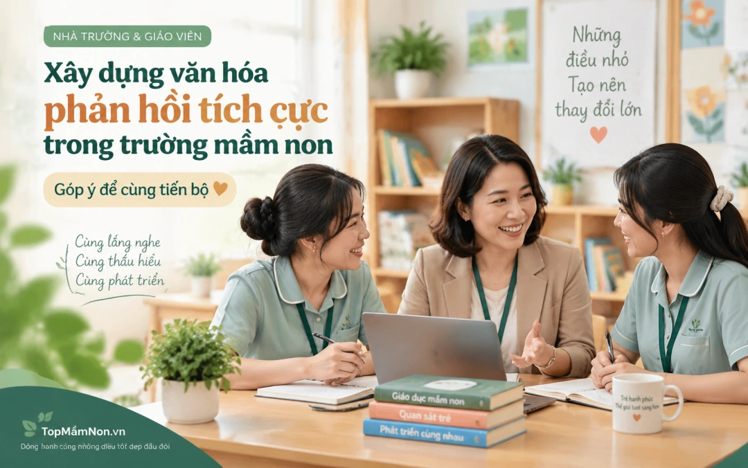 Quản lý và giáo viên mầm non trao đổi phản hồi tích cực trong môi trường làm việc.