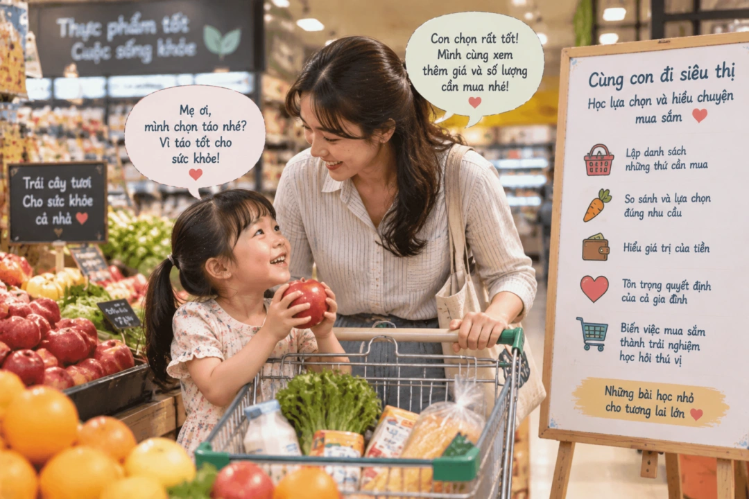 Cha mẹ cùng trẻ chọn món hàng trong siêu thị.