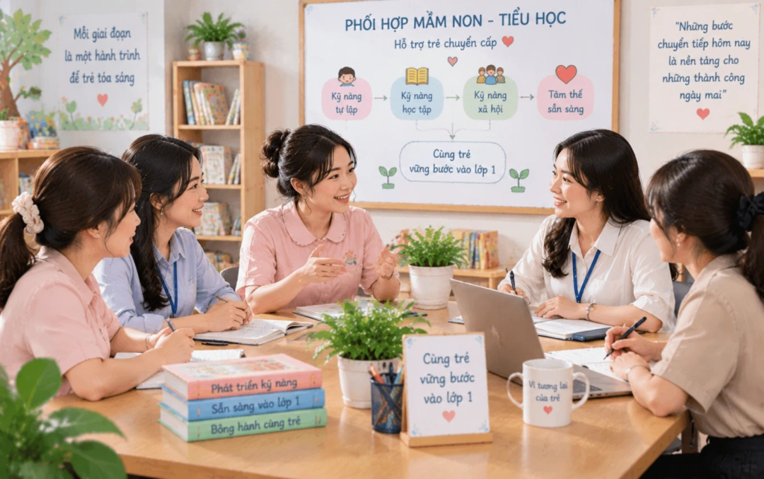 Giáo viên mầm non và tiểu học trao đổi về hỗ trợ trẻ chuyển cấp.