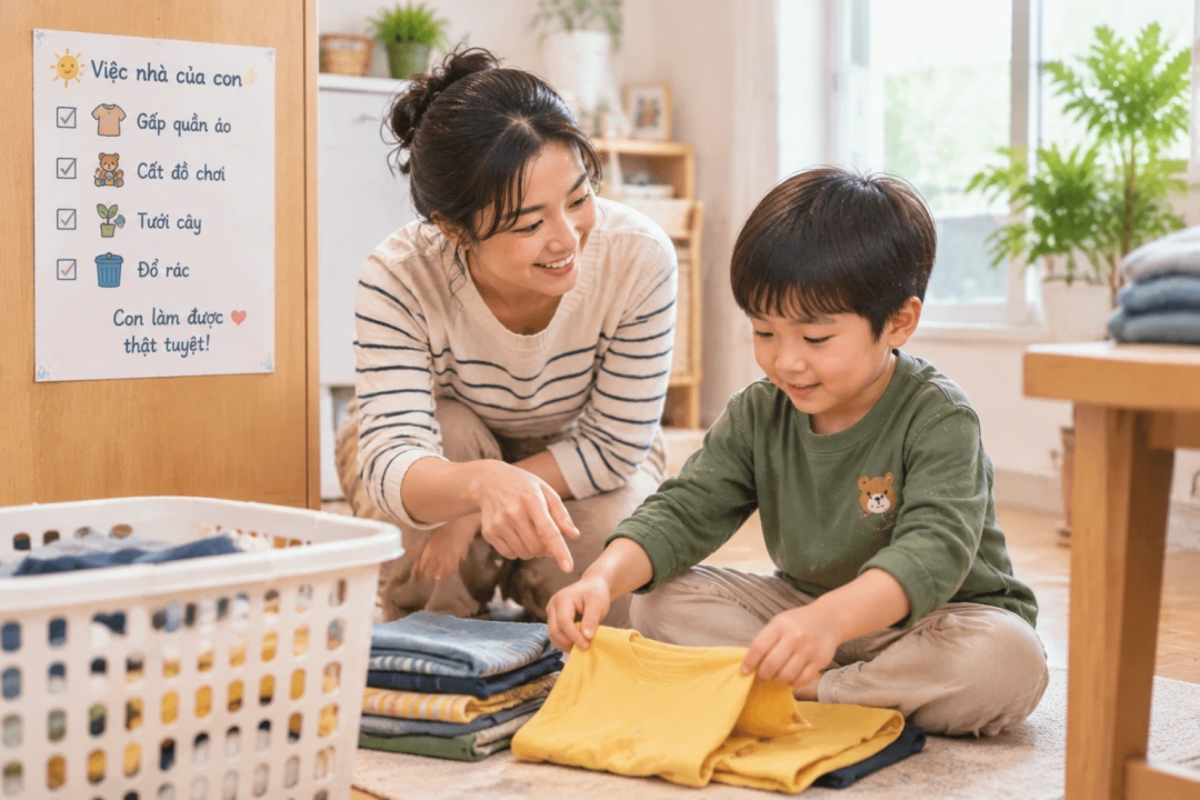Trẻ làm một việc nhà đơn giản với sự hướng dẫn của người lớn.