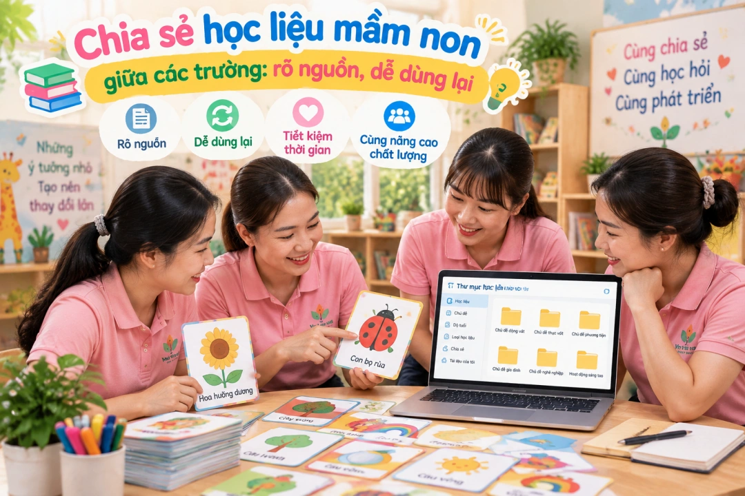 Giáo viên trao đổi học liệu có thông tin nguồn và cách sử dụng.