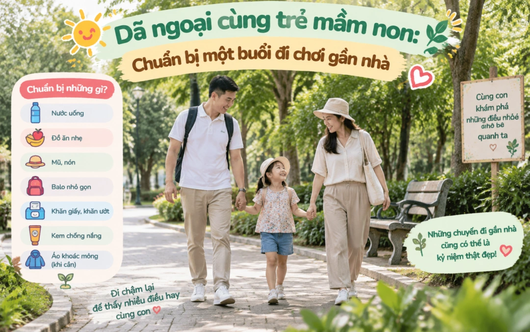 Cha mẹ cùng con chuẩn bị đi dã ngoại