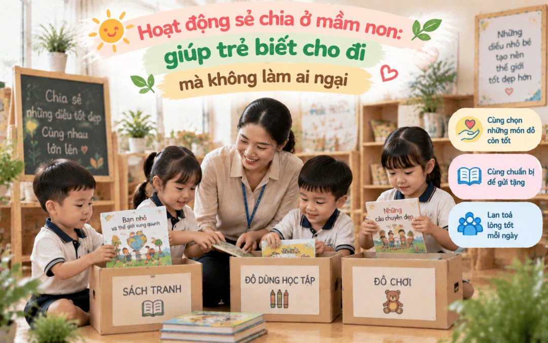 Trẻ cùng giáo viên chuẩn bị đồ dùng cho hoạt động sẻ chia