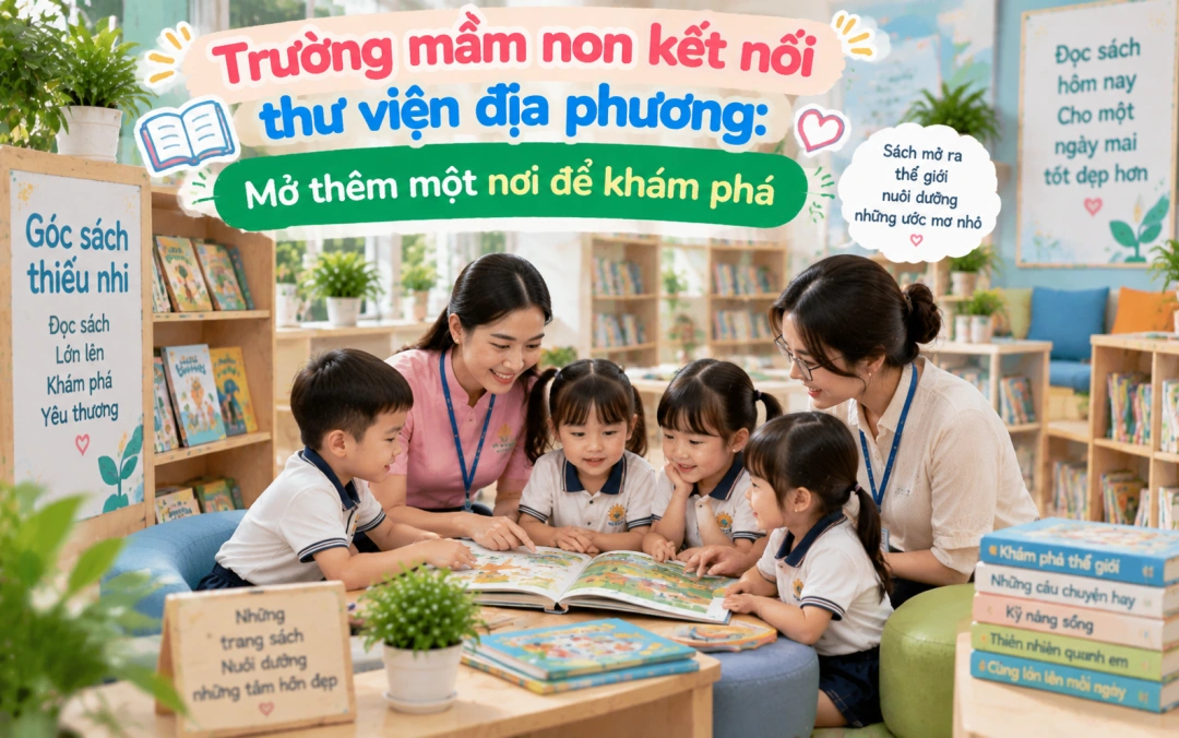 Trẻ cùng cô tìm hiểu khu sách thiếu nhi tại thư viện.