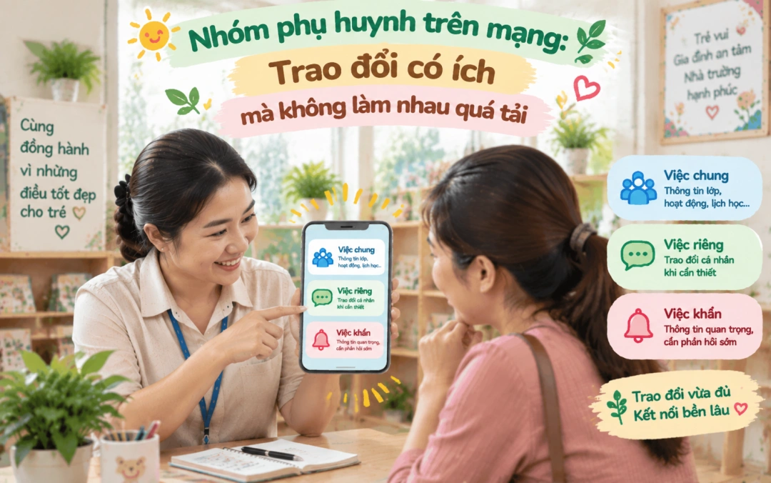Phụ huynh và giáo viên trao đổi cách sử dụng nhóm thông tin lớp.