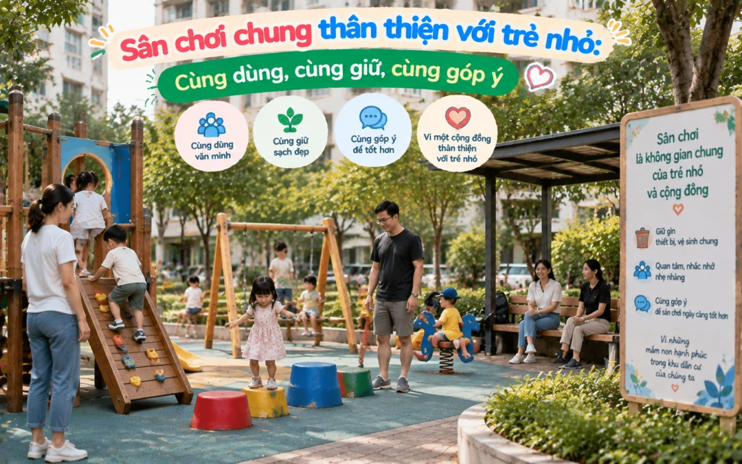 Người lớn quan sát trẻ sử dụng sân chơi chung trong khu dân cư.