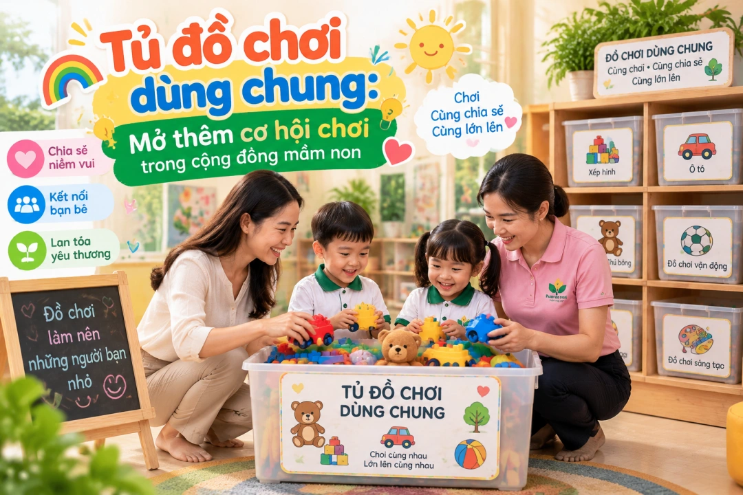 Phụ huynh cùng giáo viên cùng bác bé mượn đồ chơi ở tủ dùng chung