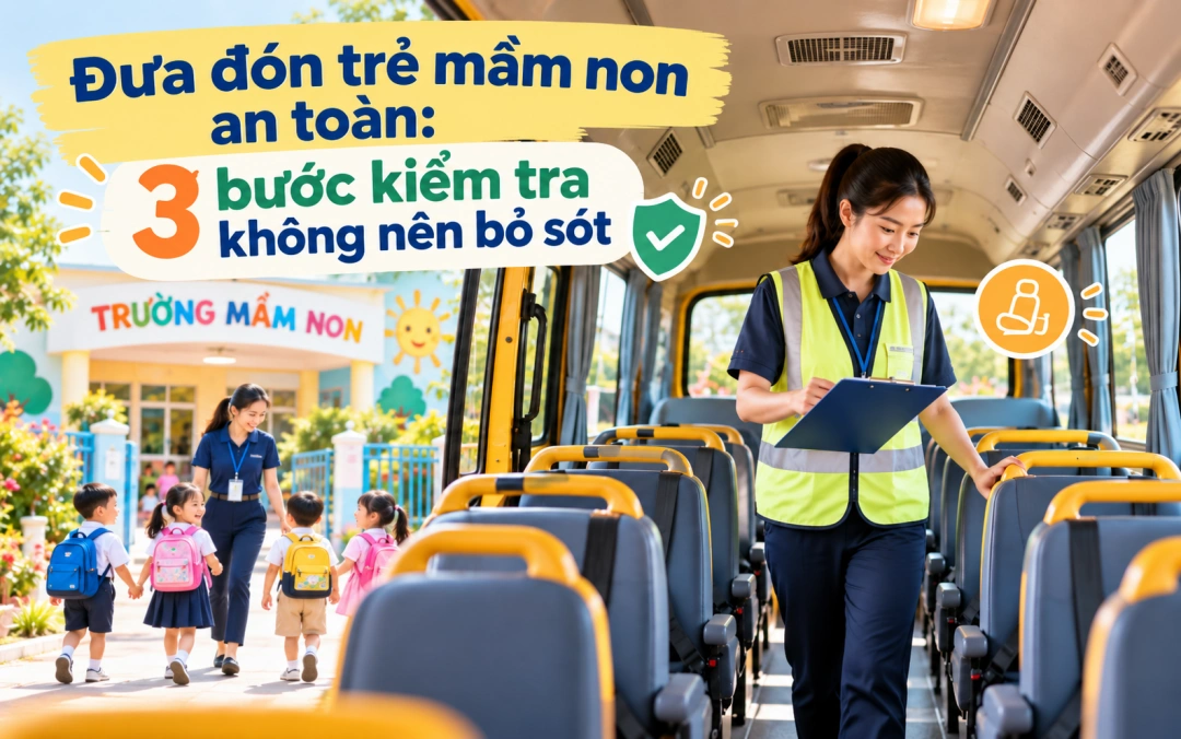 Nhân sự xe đưa đón mầm non kiểm tra danh sách trẻ trước xe hoặc đi dọc khoang xe sau chuyến;