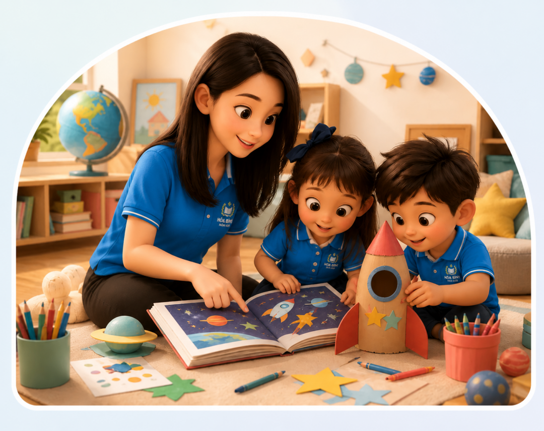 Giáo viên cùng trẻ đọc sách và làm mô hình