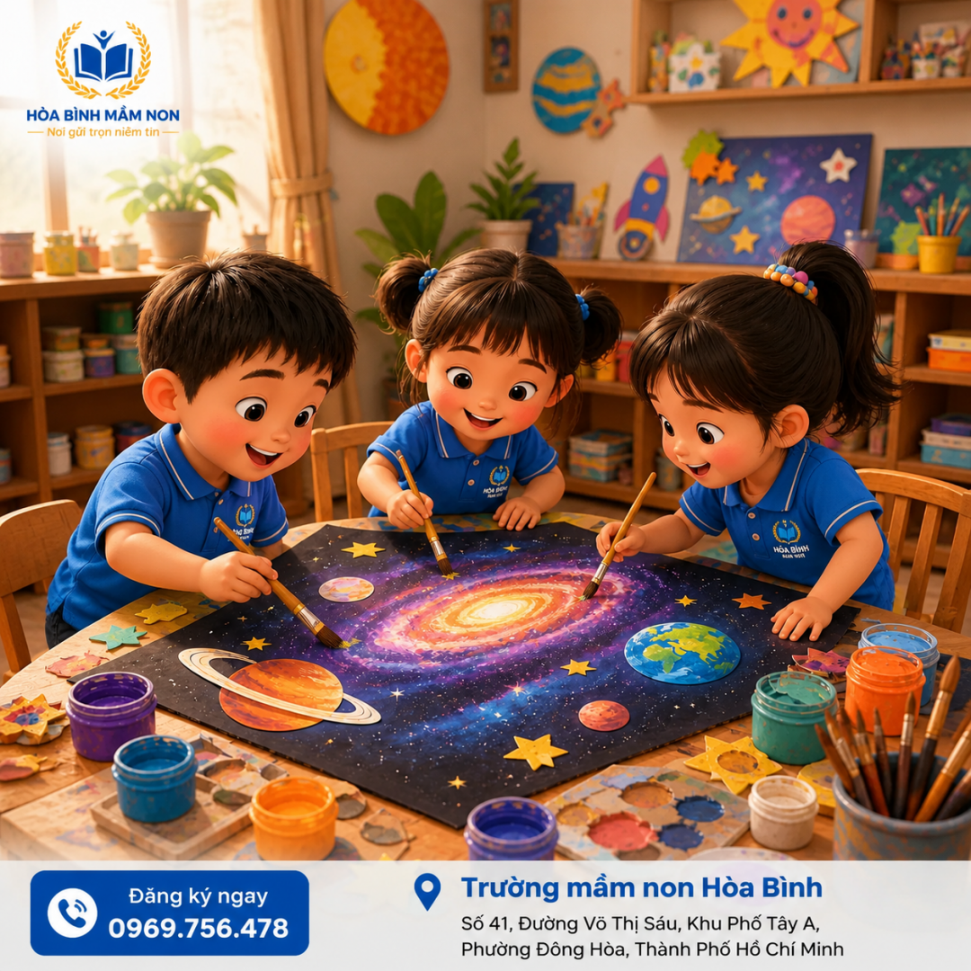 Trẻ cùng nhau hoàn thiện một bức tranh về các hành tinh
