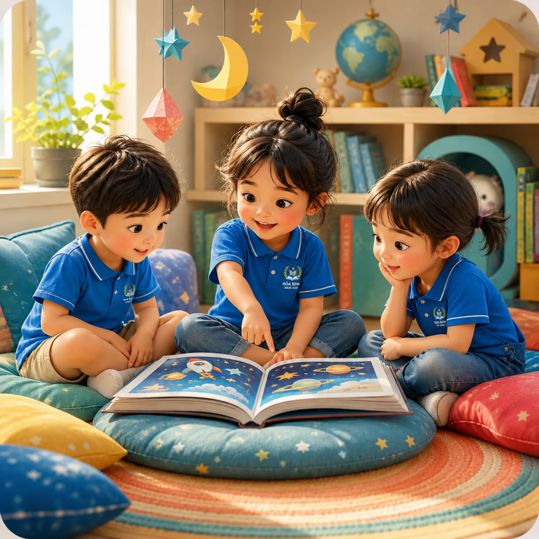 Ba bạn nhỏ cùng xem sách tranh về vũ trụ